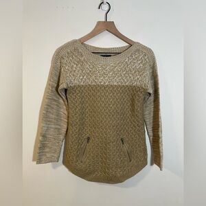 Love Always Crewneck Knit Woven Design Sweater Size Medium Brown & Cream